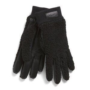UGG Black Ribbed Knit Cuff Sherpa Gloves With Leather Palms